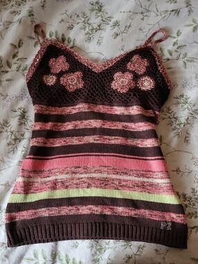 Brown and Pink Striped Crochet Floral Cami